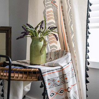 Tribal Fusion Black & Orange Geometric Linen Boho Curtains 3