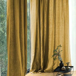 Wabi Sabi Pure Flax Linen Mustard Yellow Heavy Semi Sheer Voile Curtain