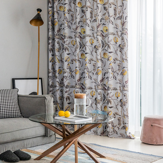 Harvest & Bird Floral Yellow Grey Blackout Curtain 1