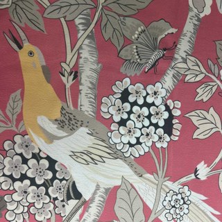 Birds & Blossoms Chinoiserie Coral Red Floral Velvet Curtain