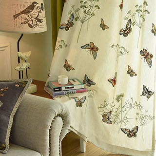 Butterfly Garden Cream Floral Embroidered Linen Style Curtain