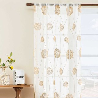 Dancing Pom Pom Embroidered Cream Gold Sheer Curtain 2